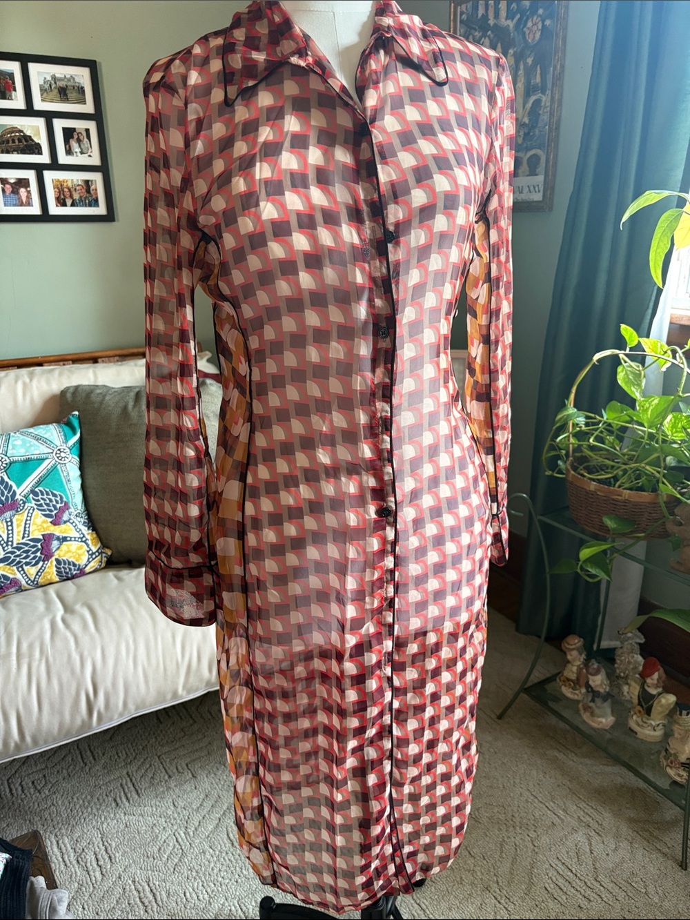 Zara Sheer Geometric Long-Sleeve Shirt Dress in Red, Pink and Cream